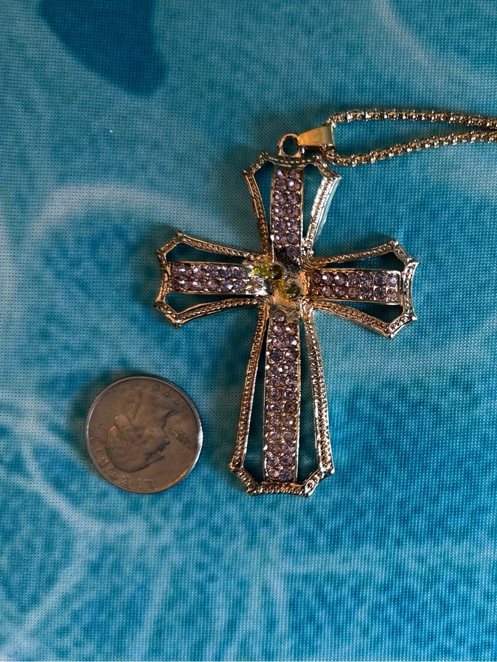 Gold-Tone Cross Pendant Necklace with Purple and Yellow Accents. Fl1